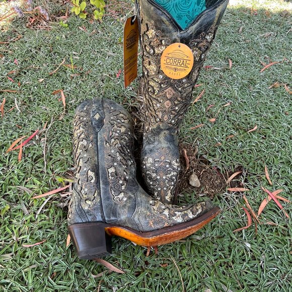 Corral Women's New Ash Grey Inlay & Studs & Crystal Western Boots, Size 9 - Picture 12 of 15
